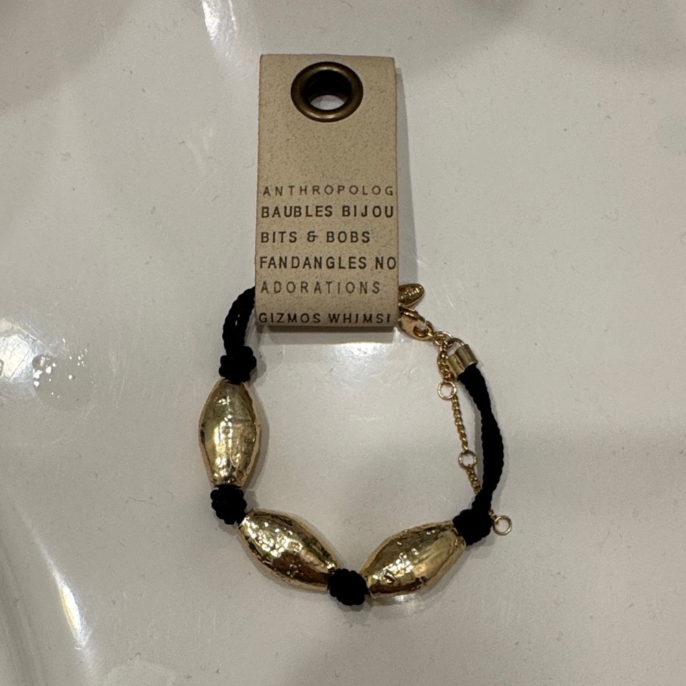 NEW Anthropologie Gold Beaded Bracelet with Black Cord